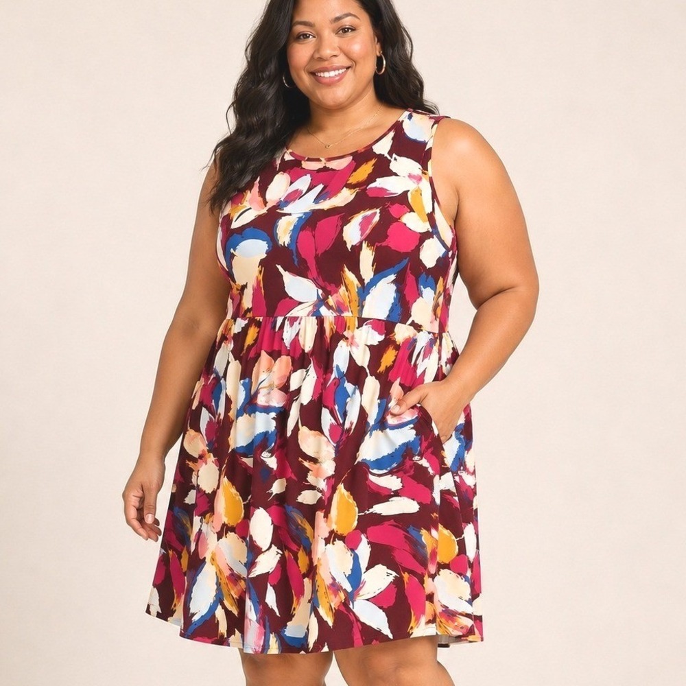 Maurices Womens Dress 4X Floral Sleeveless Empire Waist Pocket‎ Mini Fall Colors